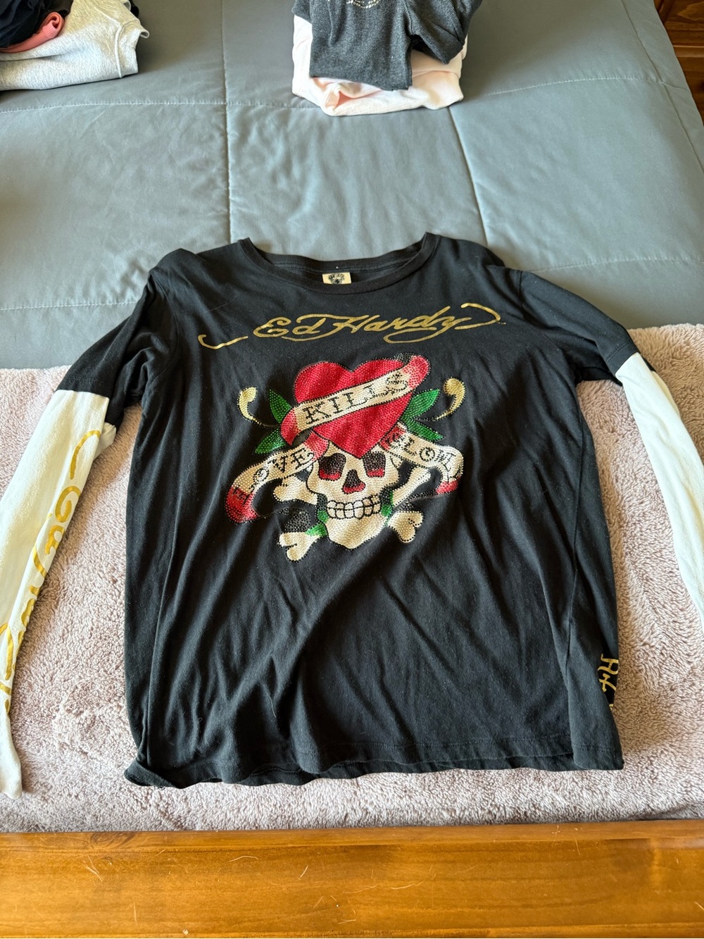 Ed Hardy Black Long-Sleeve Graphic Tee with Red Heart Skull